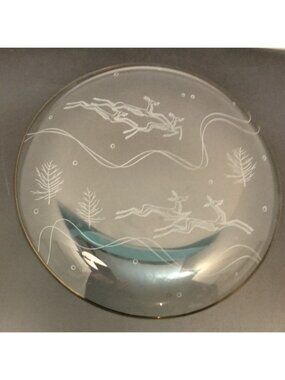Clear Glass Platter Reindeer Plate Gold Trim Mid Century Vintage 12 inch